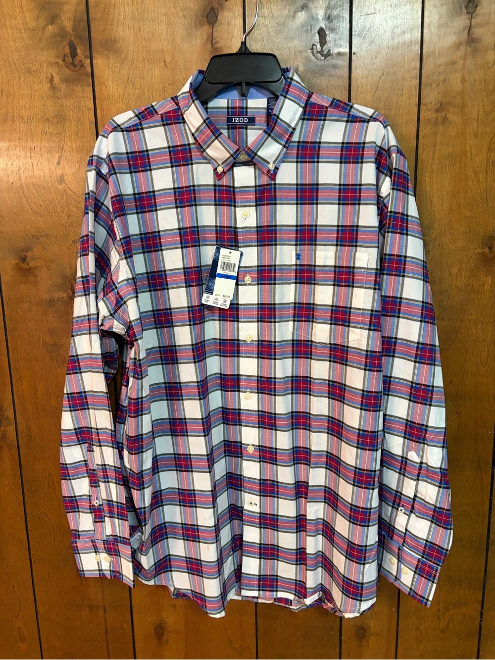 Izod White Button-Down Shirt with Blue & Red Plaid